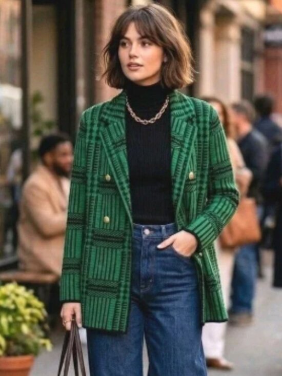 Anne Klein Sweaters - Anne Klein Green Plaid Long Cardigan Sweater Jacket Womens L Dbl Breasted Preppy